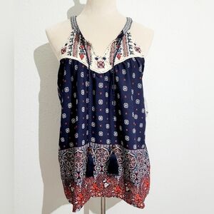 NEW Jolt Tassel Crochet Accent Tank Top Geometric Paisley Print Womans Size M